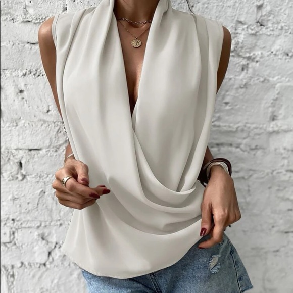 Elegant Classic Wrap Front Sleeveless Work Office Business Top Blouse WHITE - Picture 4 of 6